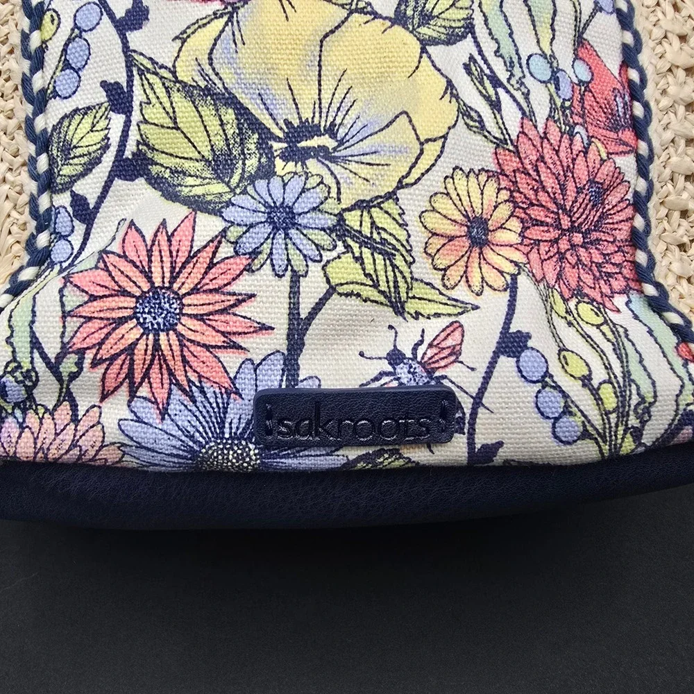 Sakroots Artist Circle Recycled City Straw Floral Butterfly Hobo Bag Navy Blue